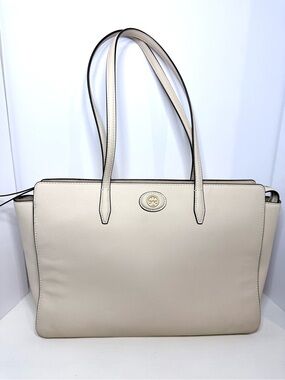Tory Burch Ivory Pebbled Leather Large Tote Shoulder Bag Gold Logo